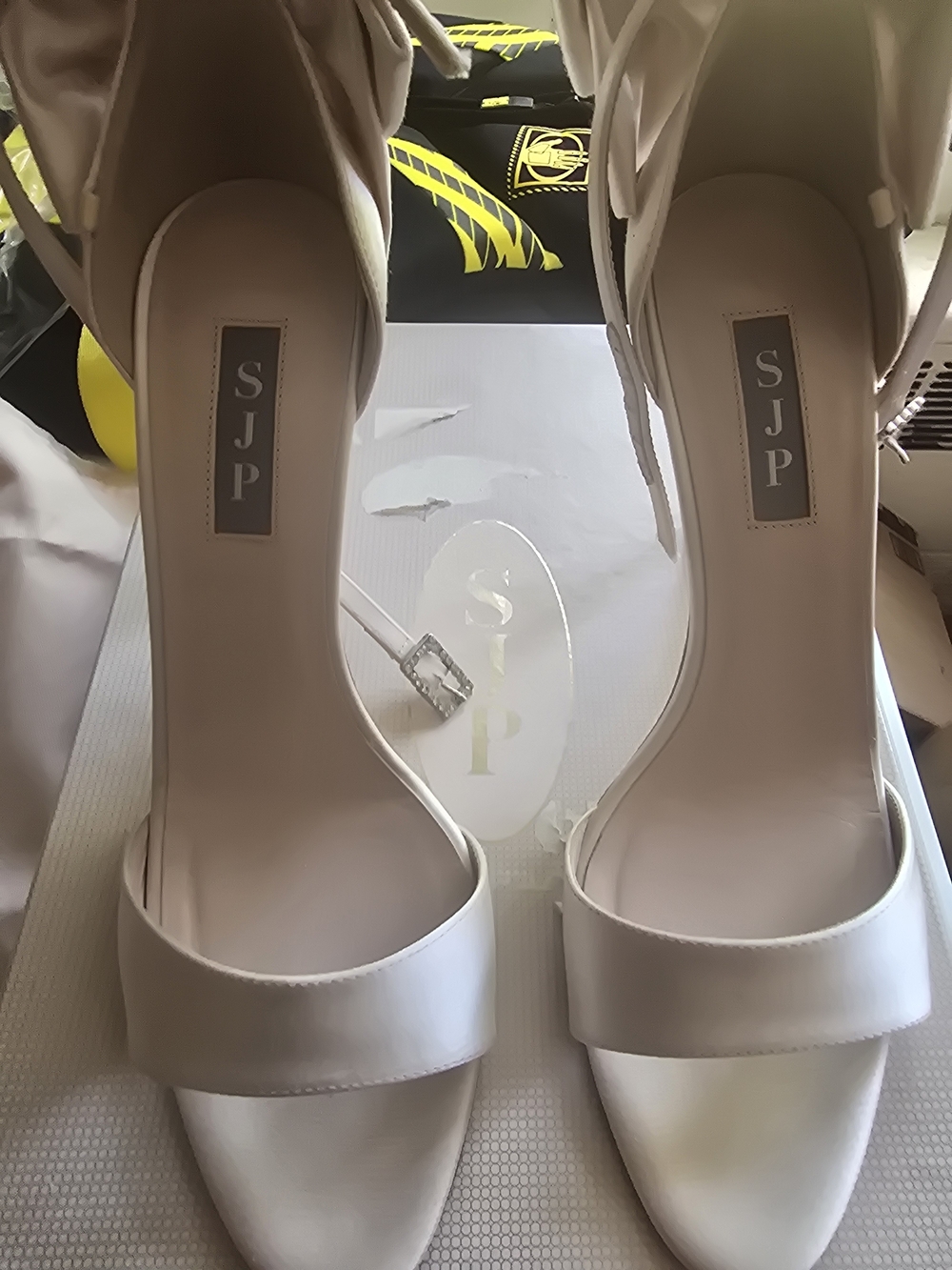 Sarah Jessica Parker White Satin Ankle-Strap Heels with Lace-Up Detail- Trance